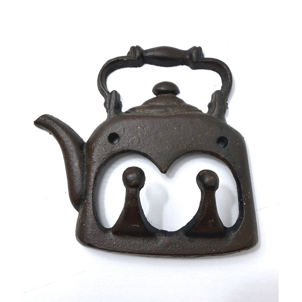 Vintage Cast Iron Teapot Wall Hook Dark Brown Rustic Farmhouse Kitchen
